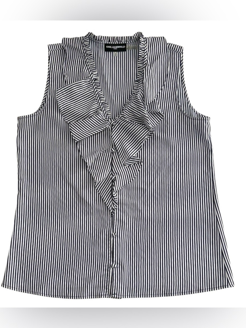 Karl Lagerfeld Black and White Vertical Stripe Ruffle V-Neck Blouse M